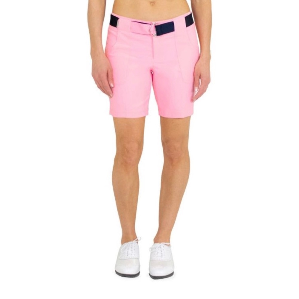 Jofit Woman’s 7” Belted Golf Shorts - Confetti Pink with Navy Blue Belt Included